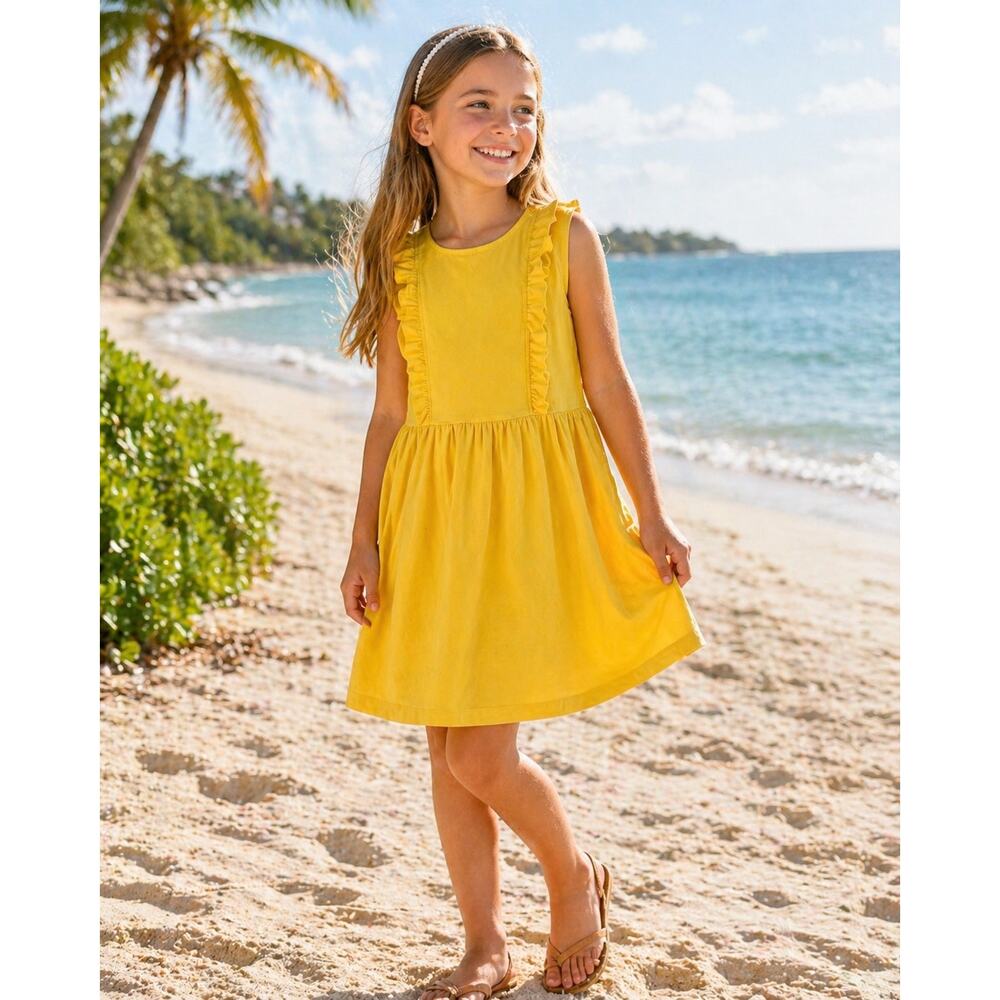 Hanna Andersson Yellow Ruffle Dress Girls Size 140 US 10 Cotton Stretch Summer